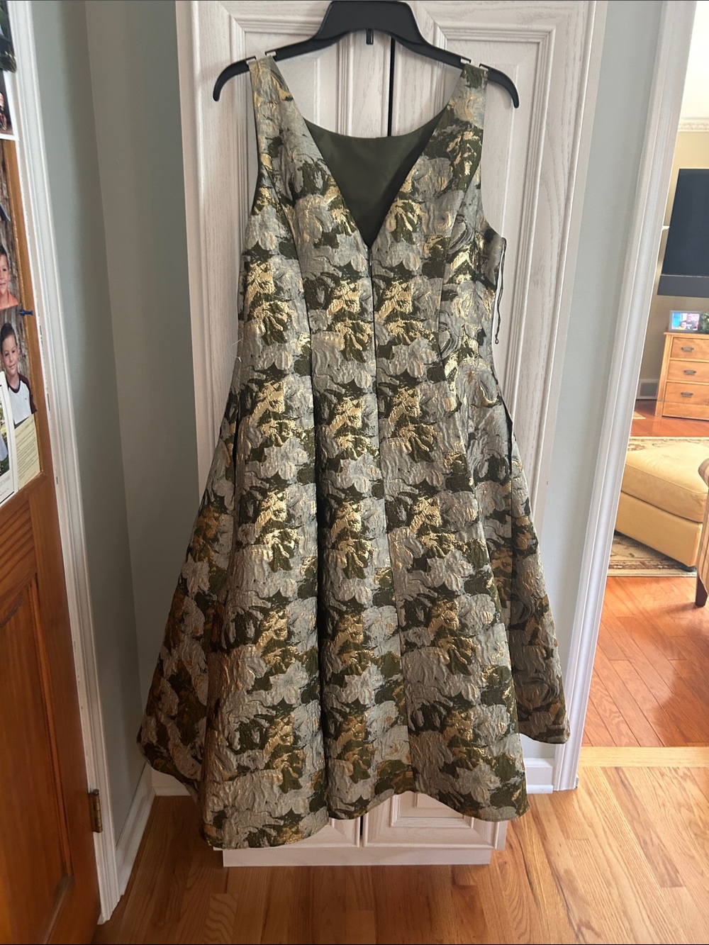 Adrianna Papell Olive and Gold Floral Jacquard Midi Dress